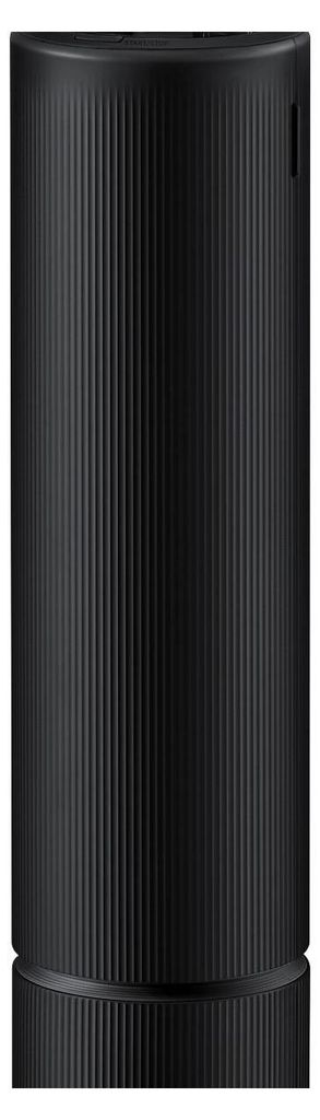 A black stick vacuum cleaner is shown against a black background.