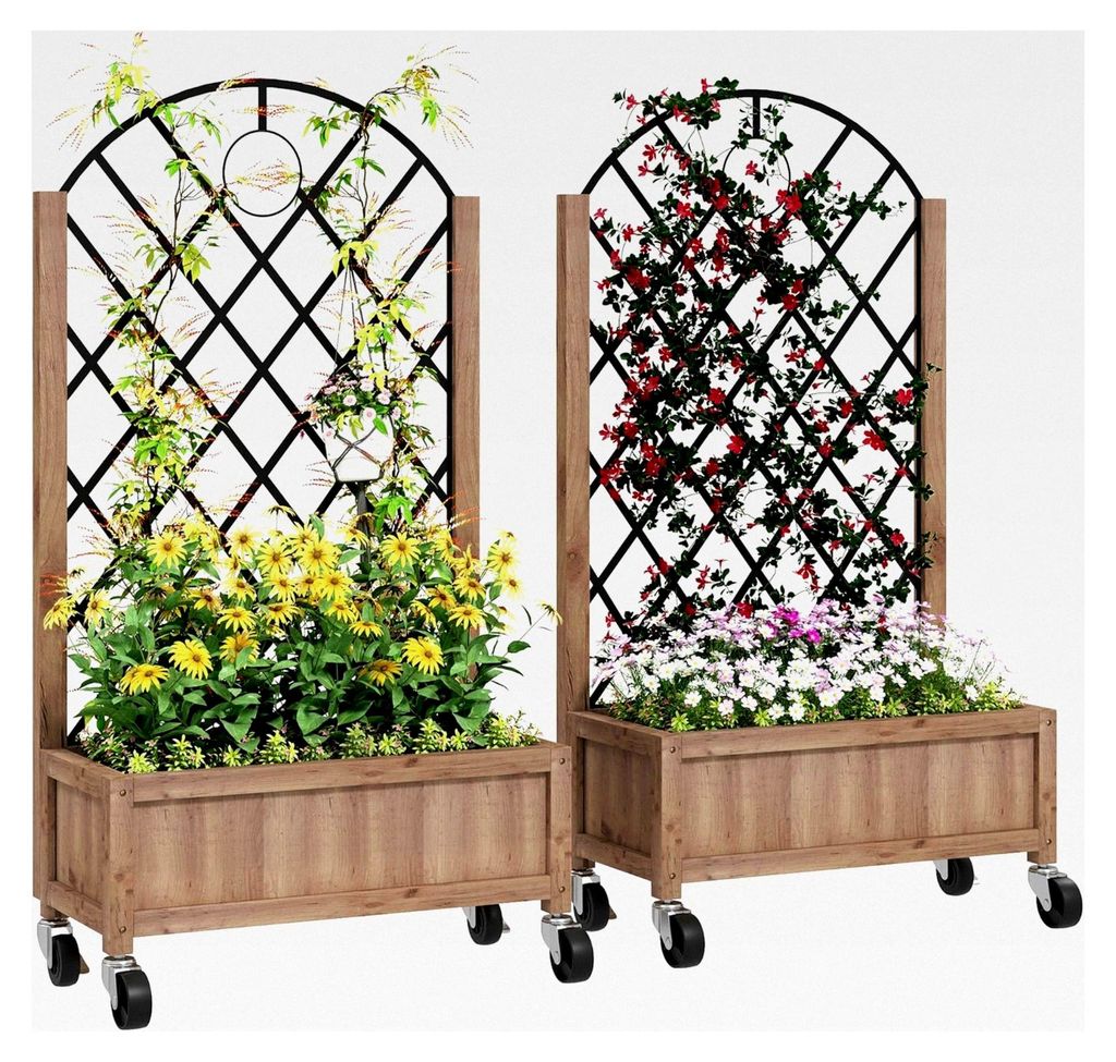 2er Set Hochbeet Pflanzkästen mit Rollen und Rankgitter, Blumenkübel aus Holz für Garten, Balkon und Terrasse, geeignet für Kletterpflanzen