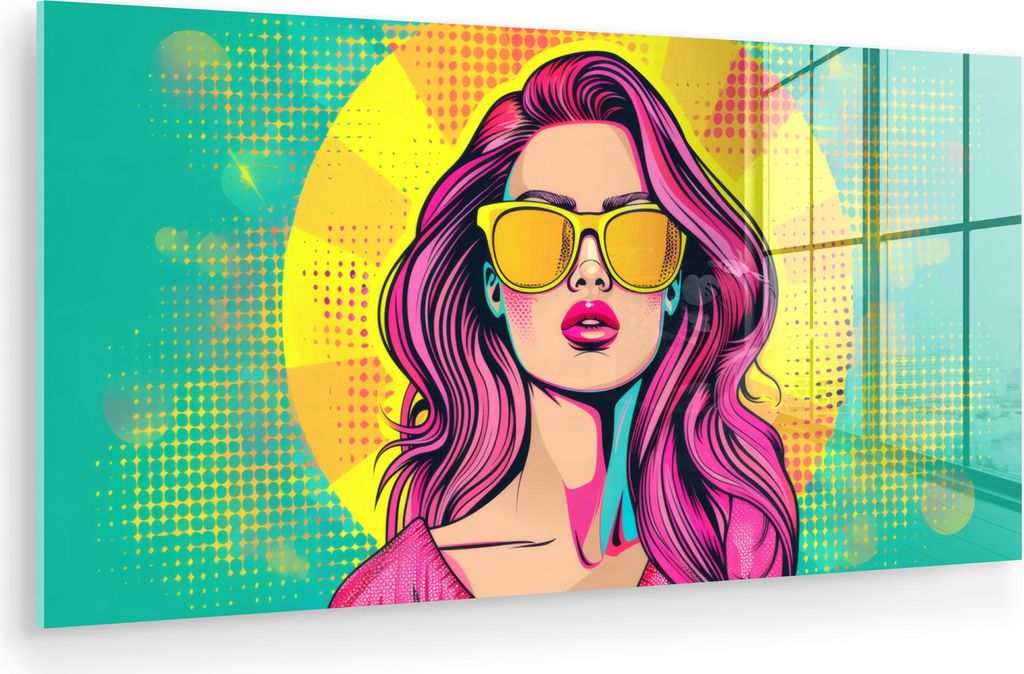 MuchoWow Glasbilder - Bilder auf Wandbild - Foto auf Glas Sonnenbrille - Frau - Sonnig - Gelb 80x40 cm Wanddekoration aus Glas - Acrylglasbild - Ac...