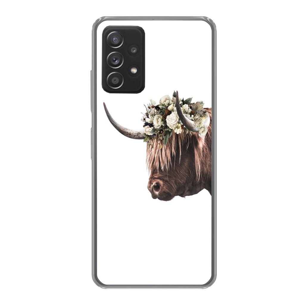 MuchoWow Handyhülle Schutzhülle Hülle für Samsung galaxy a73 Schottischer Highlander - Kuh - Rosen Silikon Softcase Handy Hülle - Handyhülle