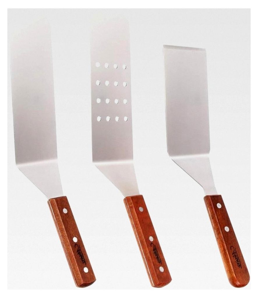 Pfannenwender-Set aus Edelstahl, Koch- und Grillutensilien, glatte und perforierte Pfannenwender sowie Schaber mit Holzgriffen für Teppanyaki-Gril...
