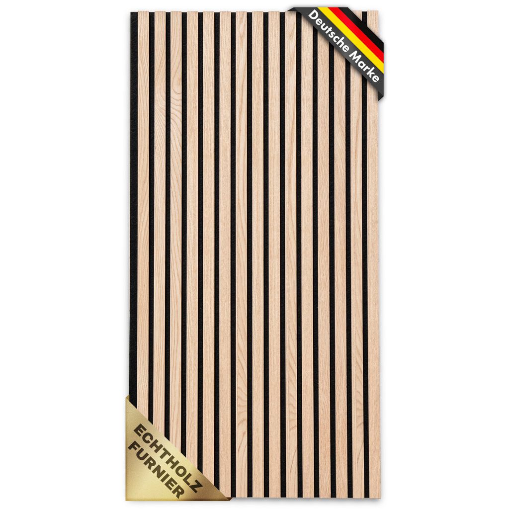 A panel of wooden slats with black spacing, presented on a white background.