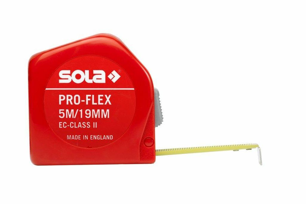 SOLA PRO-FLEX - Bandmaß 5m / 19mm - Taschenbandmaß mit Gürtelclip - Stahlband, gelb lackiert mit mm Skala - Genauigkeitsklasse II - Rollmeter mi...