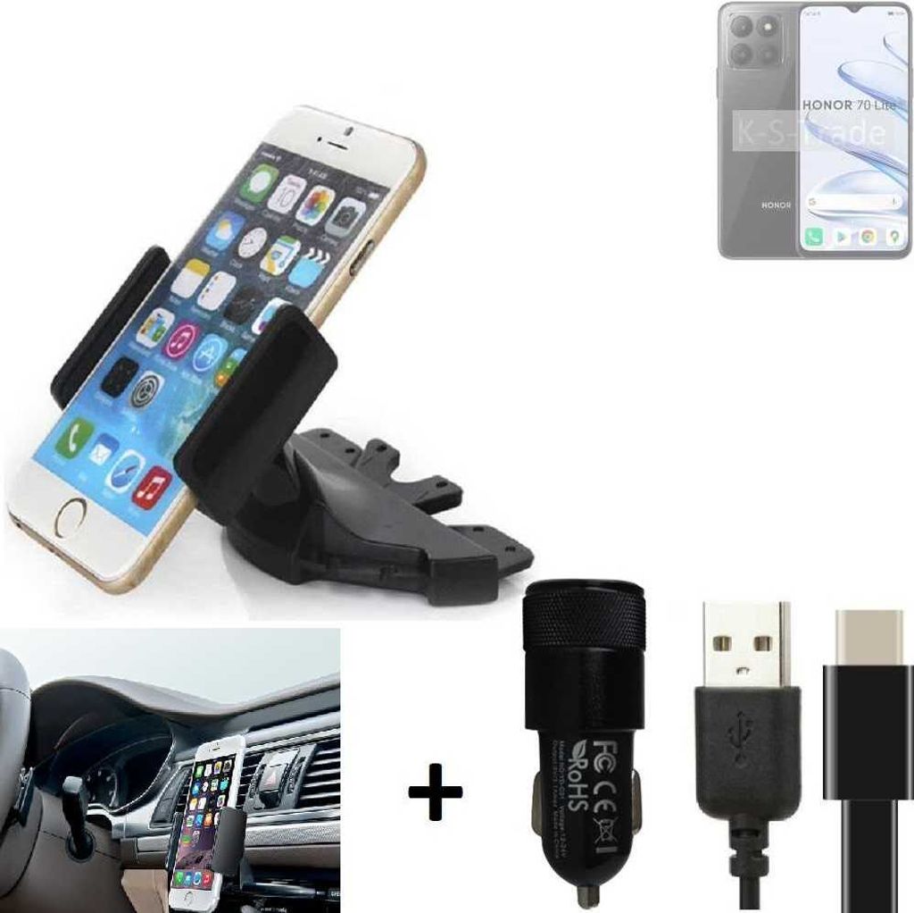 K-S-Trade CD Schlitz Handy-Halterung kompatibel mit Honor 70 Lite Autohalterung KFZ-Halter Radio Handy Halterung 360° drehbar CD-Schacht inkl. USB-C