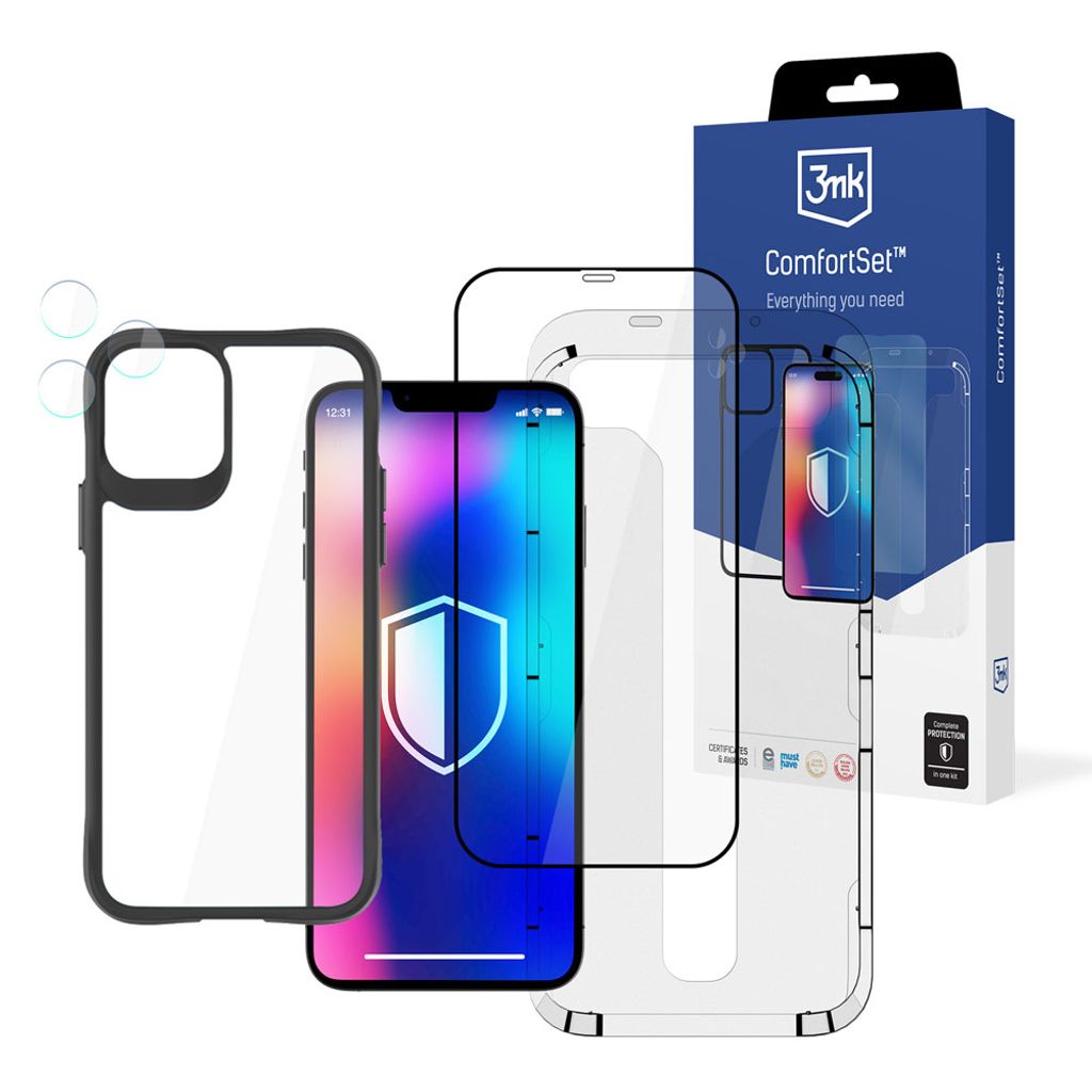 3mk Comfort Set- Schutzhülle, Display Gehärtetes Glas, Hybridglas Kameralinse für iPhone 11 Pro Max