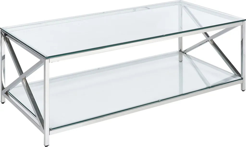 Table de salon rectangulaire en verre et structure argentée moderne