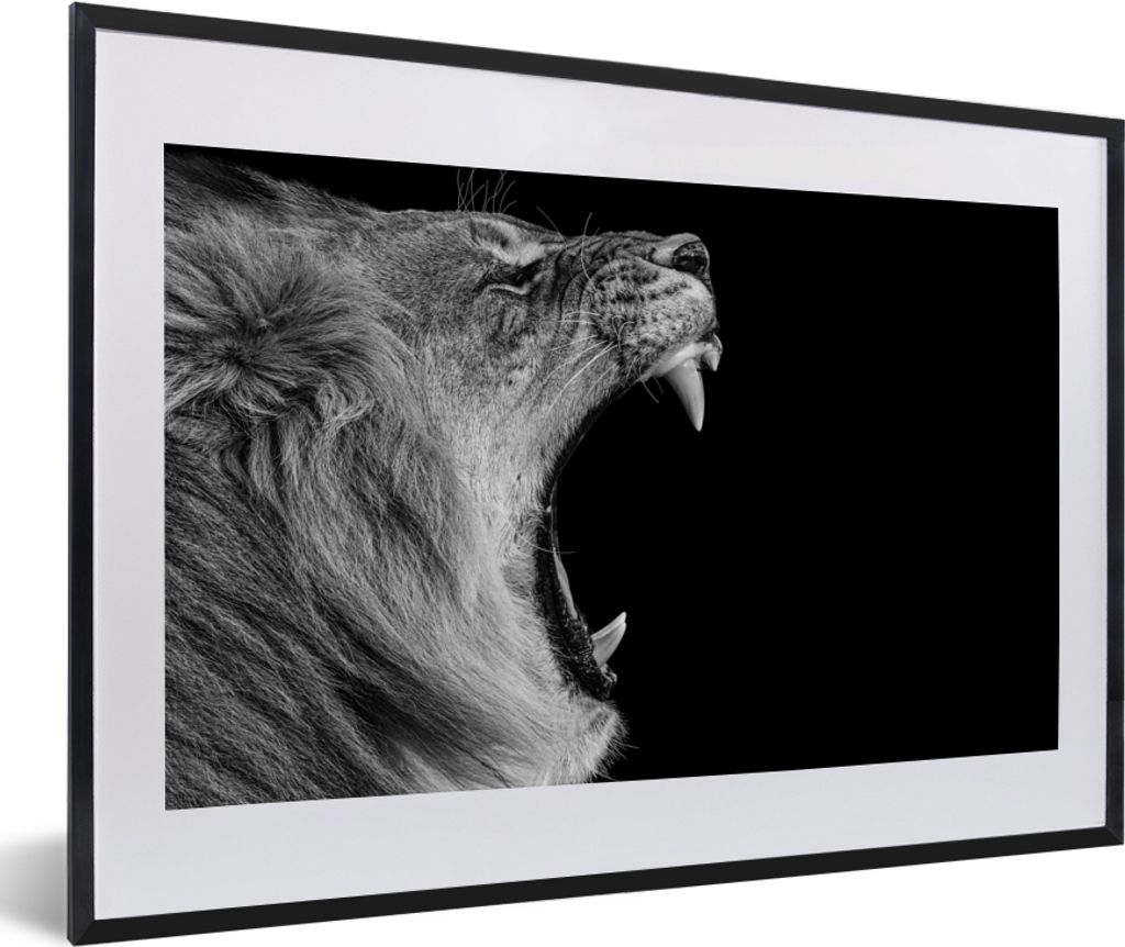MuchoWow Gerahmtes Poster Tiere - Löwe - Schwarz - Weiß - Porträt 60x40 cm - Poster mit Schwarzem Bilderrahmen Wandposter Rahmen Foto Bilder -...