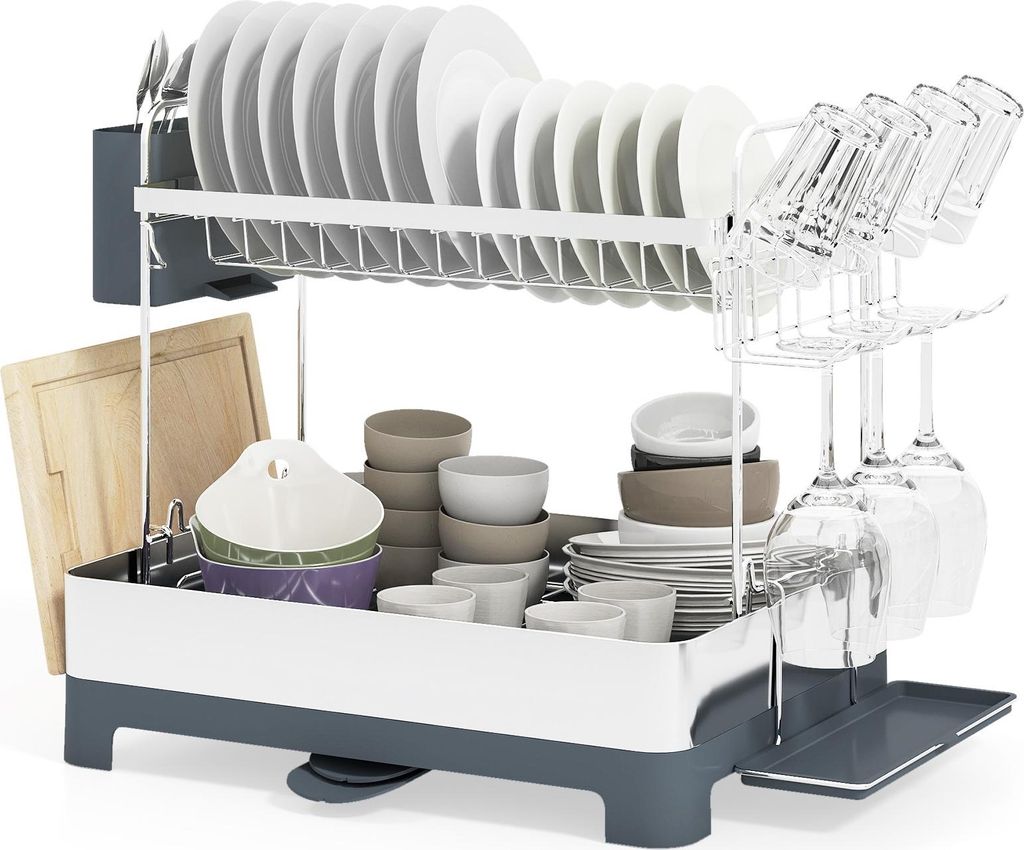 GOPLUS Geschirrablage Geschirr, 2-stufiger Geschirrständer mit Besteckkasten, Becherhalter & Schneidebrettablage etc., Abtropfgestell aus Edelstahl