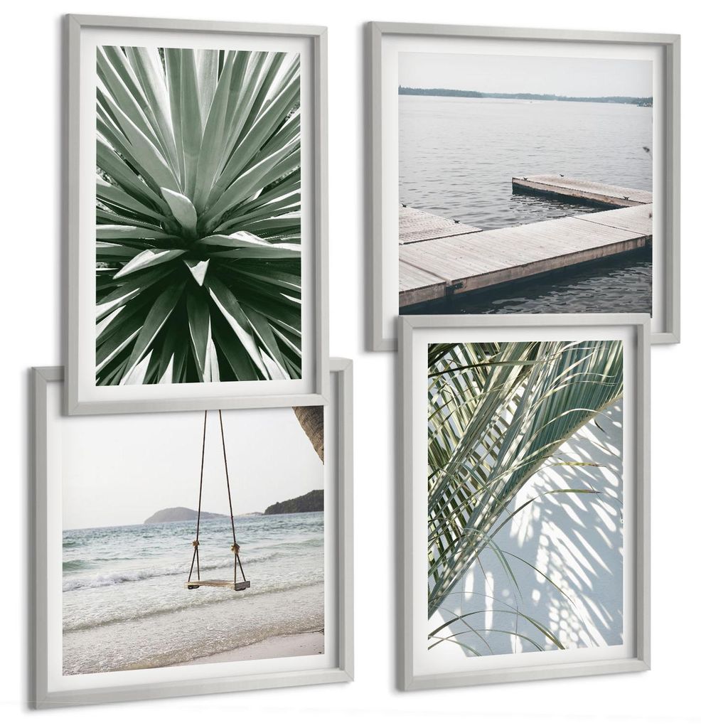 Bilder Set 4-teilig im silbergerahmten Rahmen – Wandbilder 4 Stück – gerahmte Poster für Wohnzimmer, Schlafzimmer und Flur – 50x50 cm - 40x...