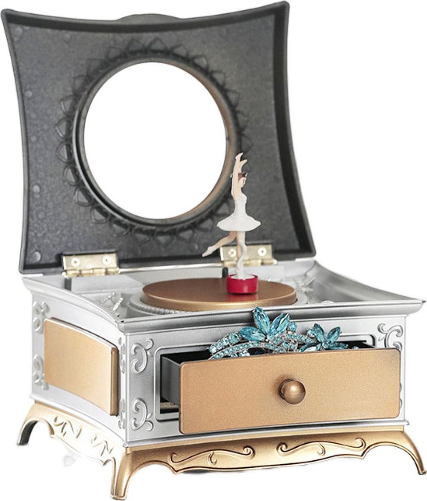 Music Box European Style Hand geschnittener Schmuck Aufbewahrung Klassische rotierende Ballerina Music Box mit Spiegel für Mädchen-Golden