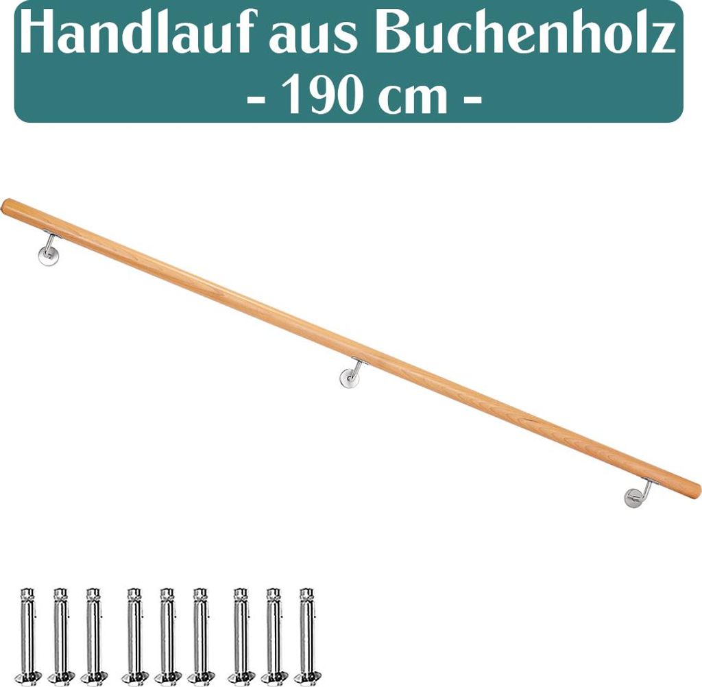 Handlauf Buche 200 cm lang mit 9 Montagedübeln