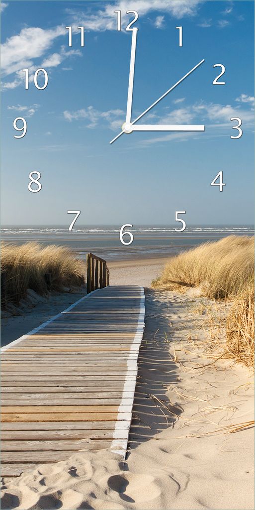 Wallario Design Wanduhr Auf dem Holzweg zum Strand aus Echtglas, Größe 30 x 60 cm