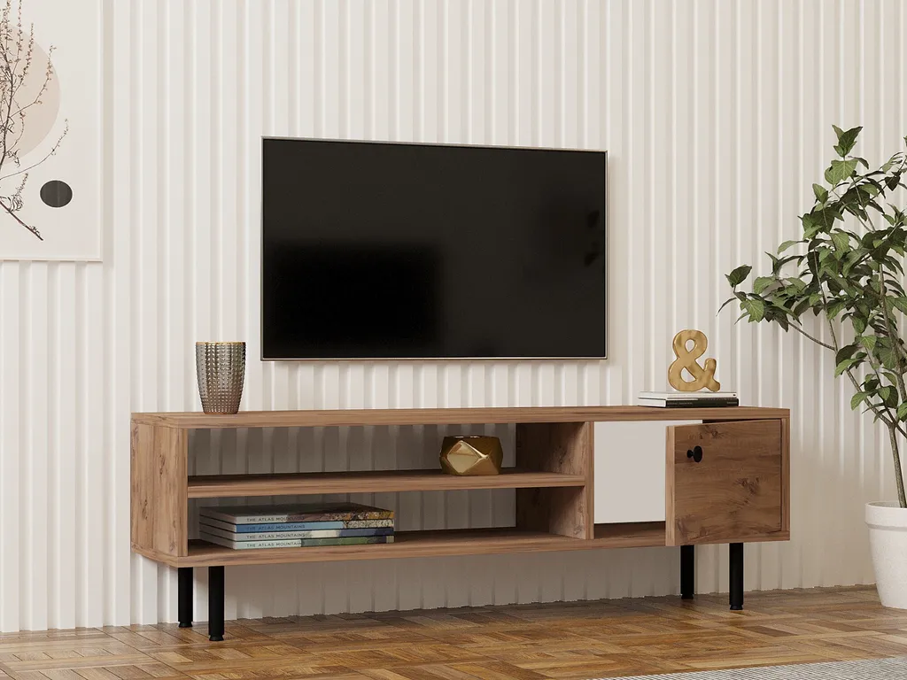Support TV bas en bois de pin atlantique 120cm pour salon moderne Avila