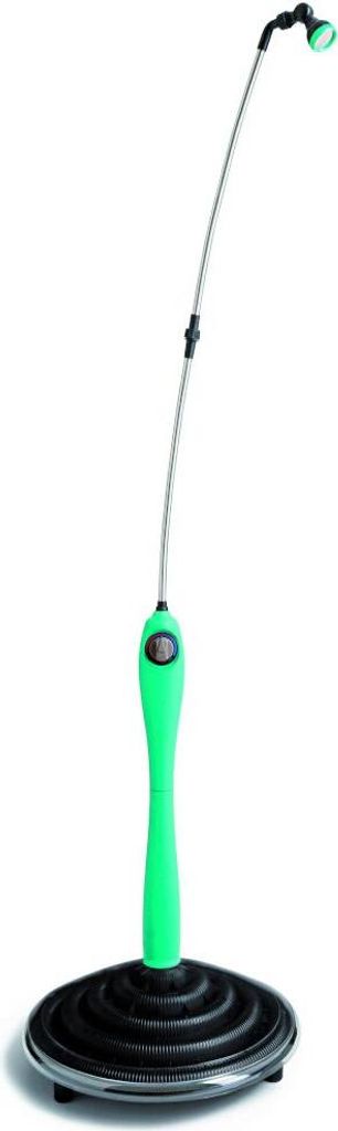 A green and silver outdoor shower with a black base, isolated on a white background.