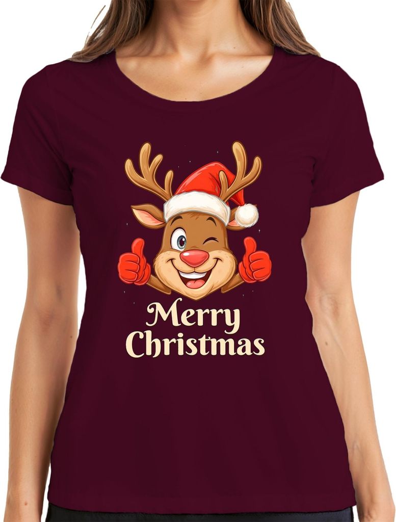 Merry Christmas niedlich Rentier Santa Hut Cartoon Familie Kinder Damen T-Shirt, Burgundy, XL