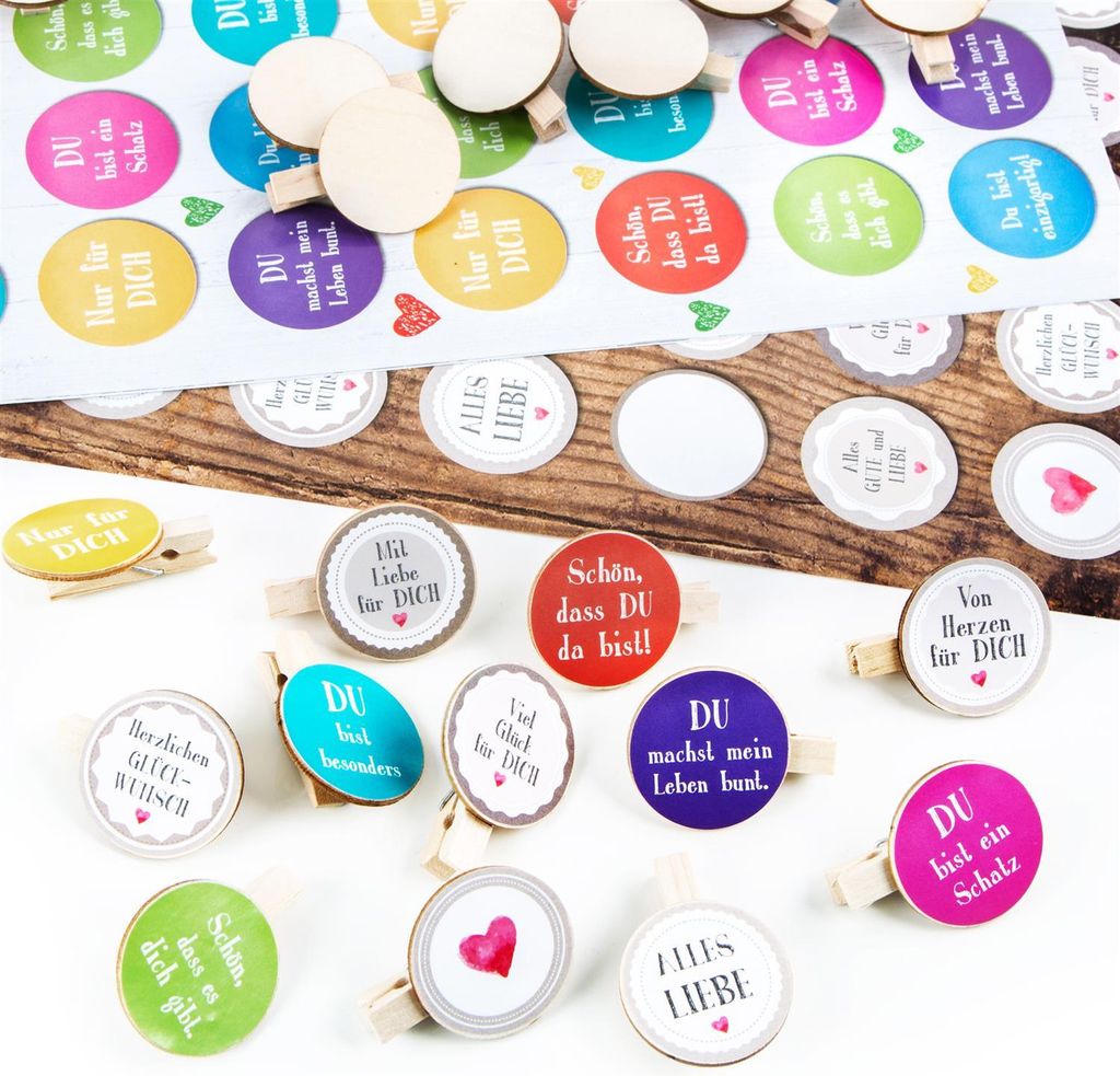 SET 2 x 35 Aufkleber bunt vintage mit Sprüchen + Mini Holzklammern - Mitgebsel Give-Away