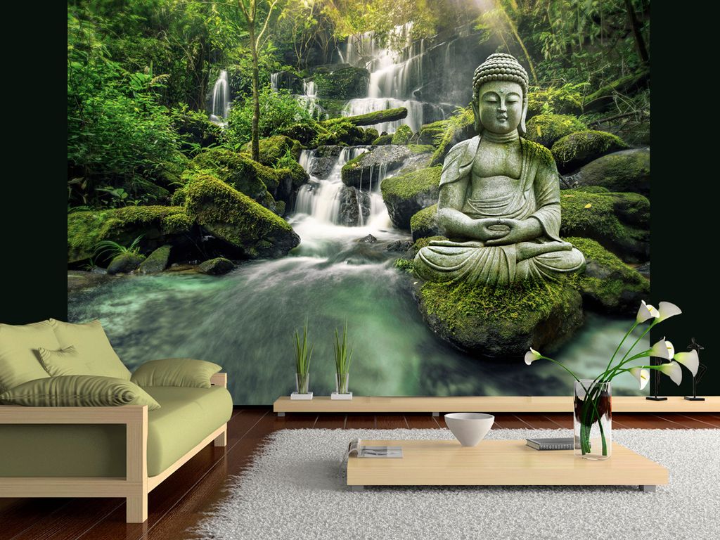 Vlies Fototapete Buddha 400x280 cm Tapeten Wandtapete XXL Natur Landschaft Wasserfall Wald c-C-0019-a-d