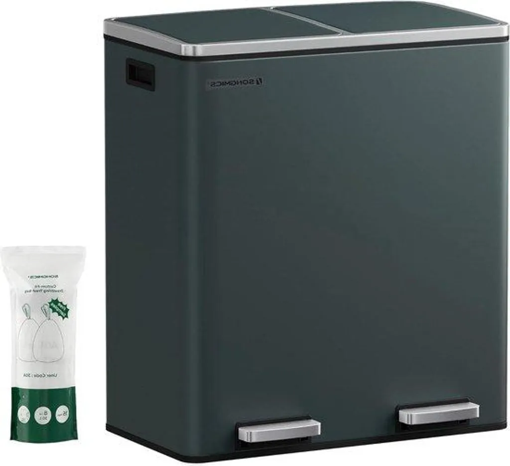 Poubelle de tri 60L gris-vert à fermeture silencieuse et pédale