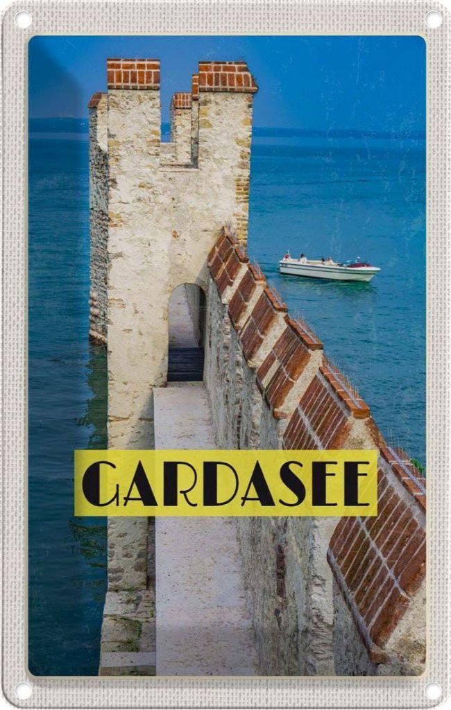 vianmo Blechschild 18x12 cm Gardasee Italien Boot Gebäude Sommer Bildmotiv Reisemotiv Abenteuer Reisen Urlaub