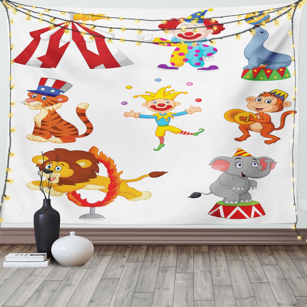 ABAKUHAUS Karikatur Wandteppich, Zirkus Wilde Tiere, Wohnzimmer Schlafzimmer Heim Seidiges Satin Wandteppich, 200 x 150 cm, Mehrfarbig