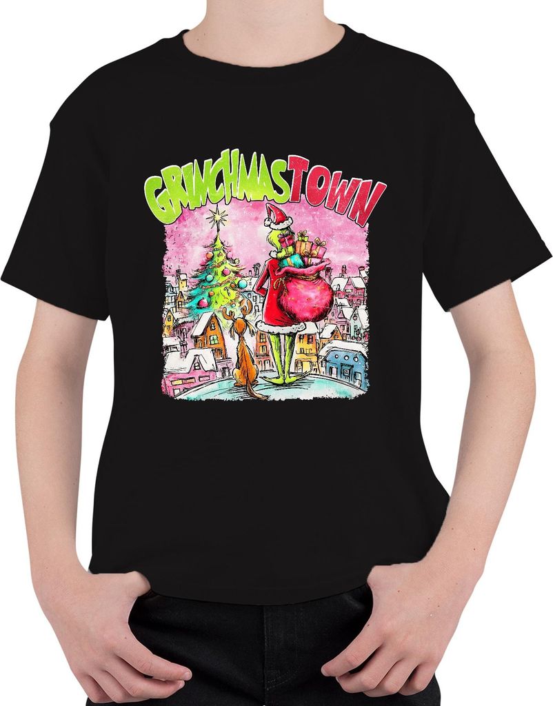 GrinchmasTown Grinch Weihnachtsmann Geschenke Max Rentier lustig Uni Kinder T-Shirt, Schwarz, 128