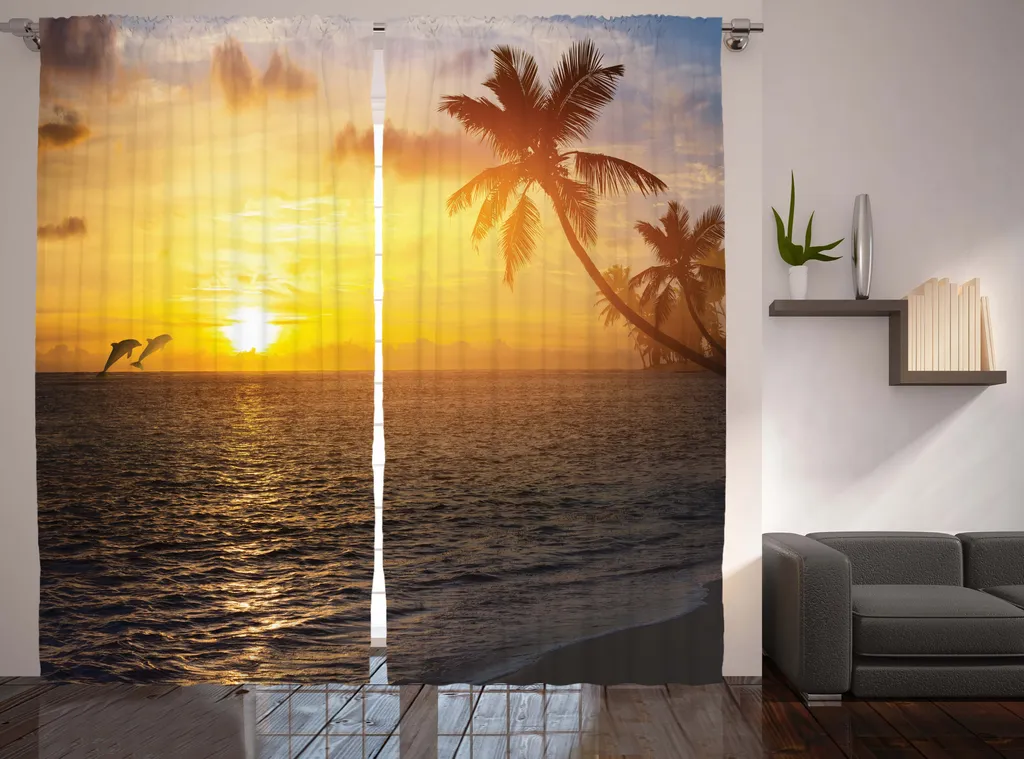 Rideau pour salon ambiance plage et palmiers, installation facile