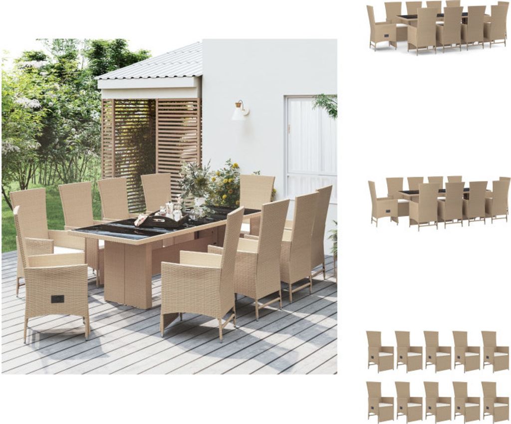 vidaXL 11-tlg. Garten-Essgruppe mit Kissen Beige Poly Rattan - Gartenstühle