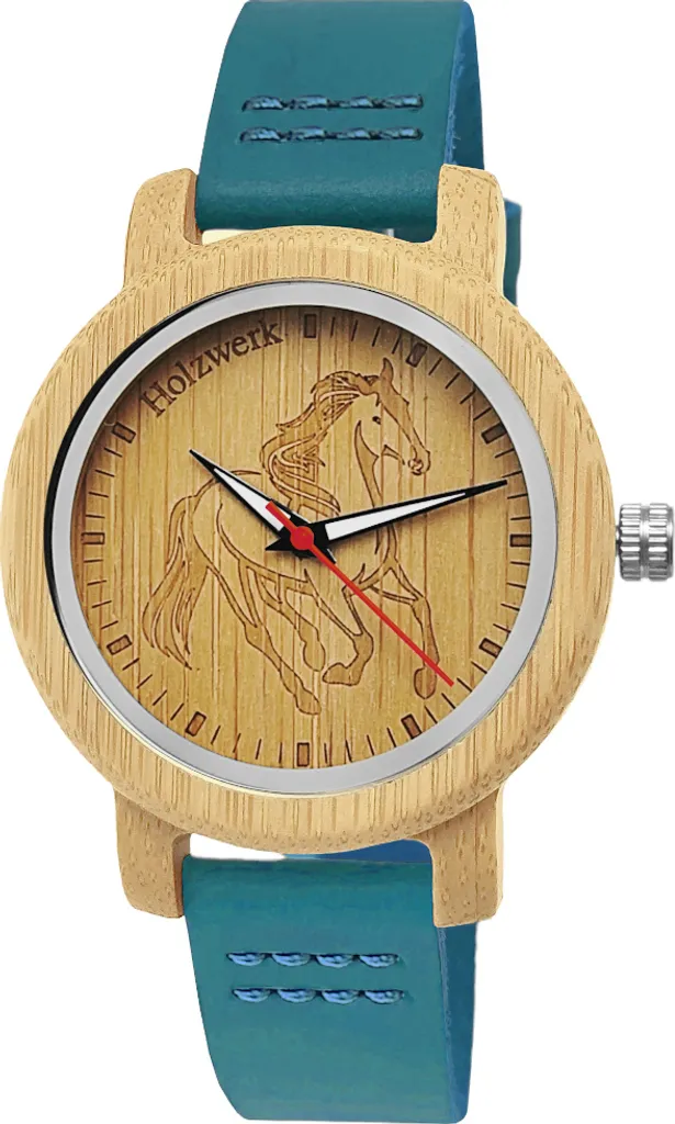Montre légère pour femme bracelet cuir bleu et bois cadran cheval bleu
