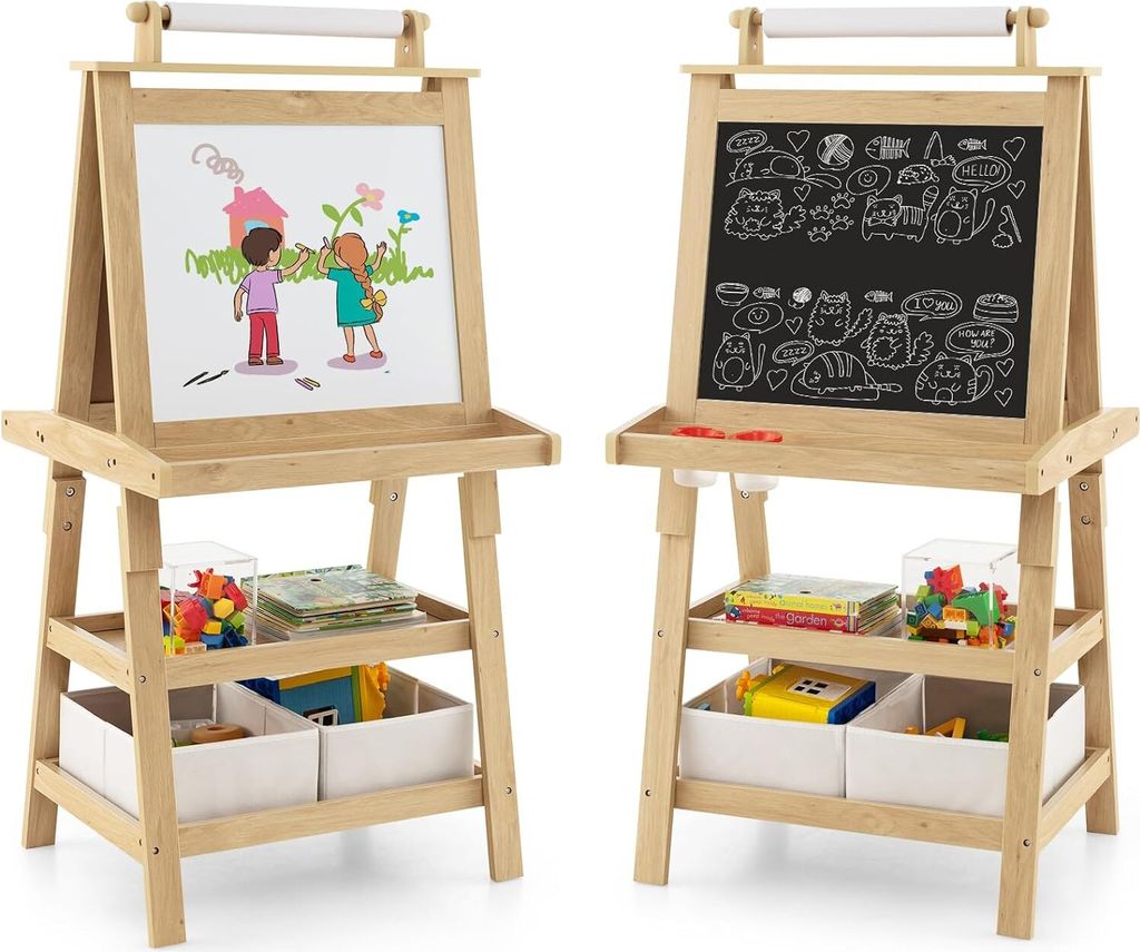 GOPLUS 3 in 1 Standtafel für Kinder, Magnetisches Whiteboard & Kreidetafel, Doppelseitiger Staffelei mit Aufbewahrungsbox, Maltafel, Schreibtafel ...