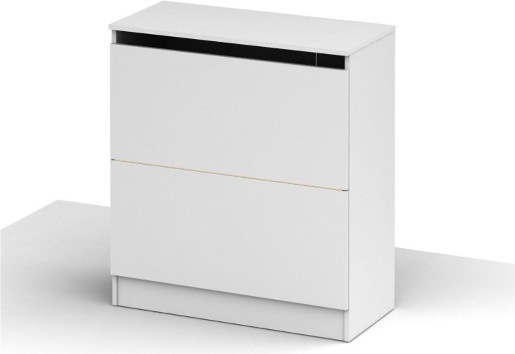 A white cabinet with two drawers and a black vent on top, shown from a slight angle against a white background.