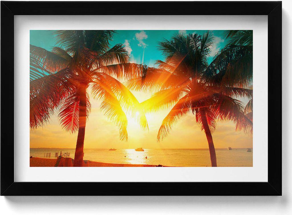 Urlaubsansicht - Palmen bei Sonnenuntergang– Wandbild mit Rahmen – Gerahmtes Bild – Wanddekoration – 30x20 cm – Schwarz Rahmen