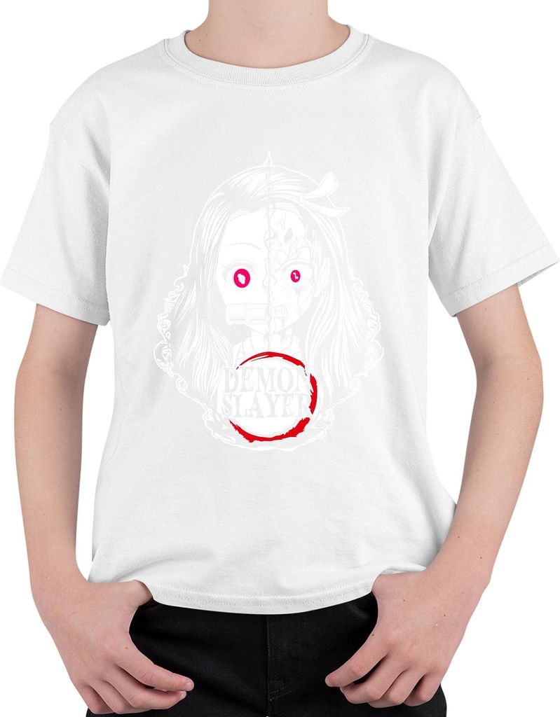 Demon Slayer Nezuko gespaltenes Gesicht Anime Horror Pink Augen Uni Kinder T-Shirt, Weiß, 140