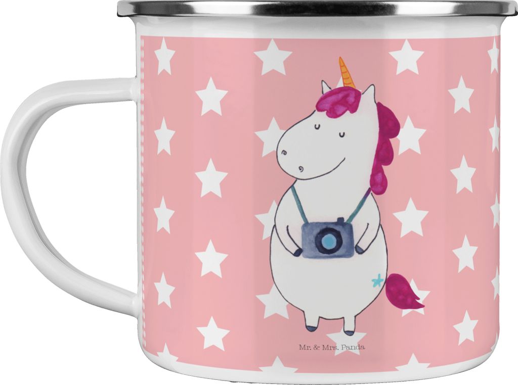 Mr. & Mrs. Panda Teetasse Einhorn Fotograf - Rot Pastell - Geschenk, Urlaub, Weltenbummler, Emaille Tasse, Einhörner, Kaffeepott, Pott, Städterei...