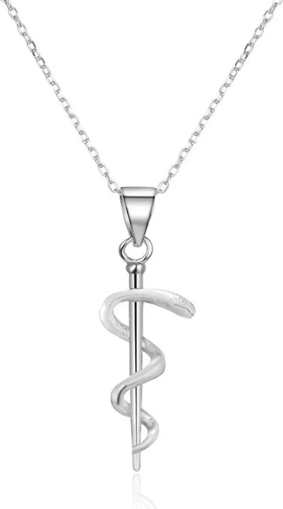 Bijou médical : collier argent et pendentif bâton d'Esculape 47cm