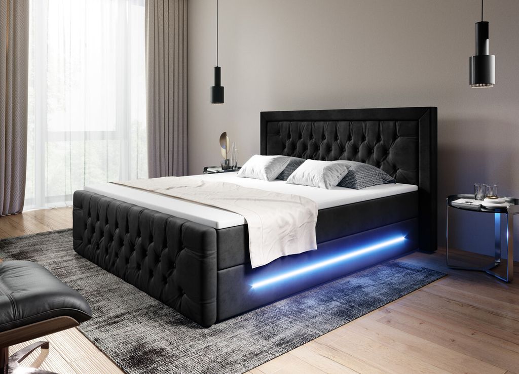 Moebelfest Boxspringbett 140x200 cm mit Blau LED-Beleuchtung: Polsterbett mit 2 Bettkästen, 2 Taschenfederkernmatratzen 7 Zonen, Topper sowie Kopf...