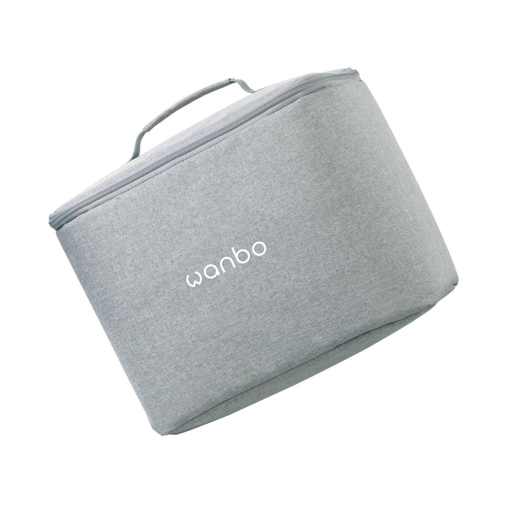 A gray carrying case with a handle and a zipper, featuring the brand name 'wanbo' in white text.