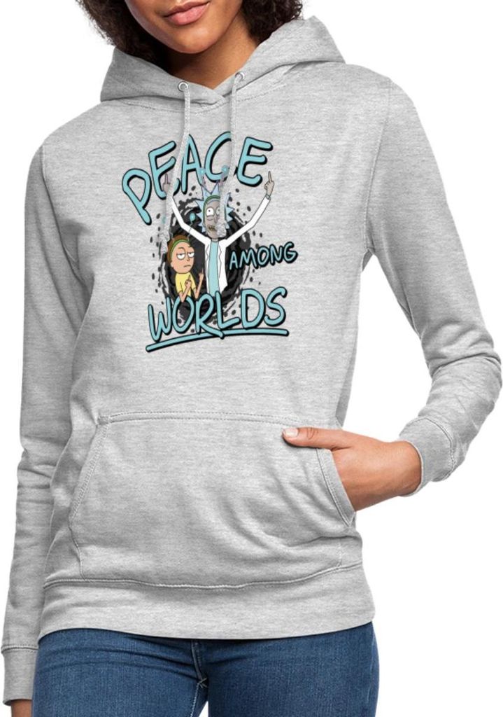 Spreadshirt Rick & Morty Peace Among Worlds Damen Hoodie, XXL, Hellgrau meliert