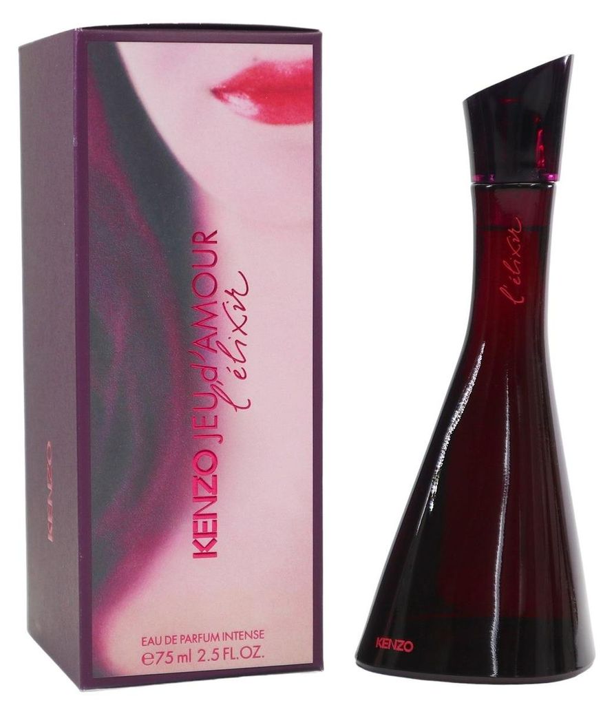 Dunkelvioletter Flakon von Kenzo Jeu d'Amour Élixir neben rosafarbener Box mit Lippenmotiv und vertikalem Logoaufdruck.