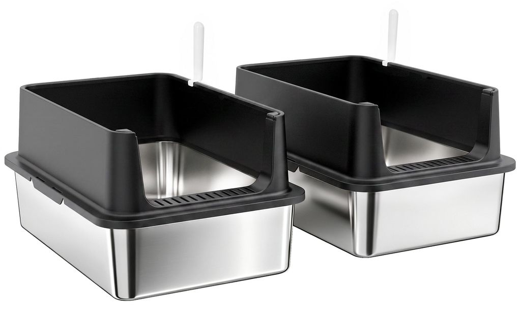 PawHut 2er-Set Katzenklo Edelstahl XL mit Hohem Rand Deckel Produktbild 