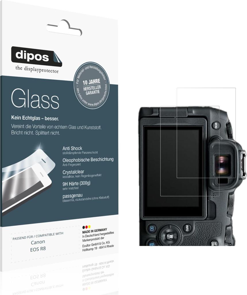 2x Schutzfolie für Canon EOS R8 - Anti-Shock 9H Folie dipos Glass Kunststoffglas