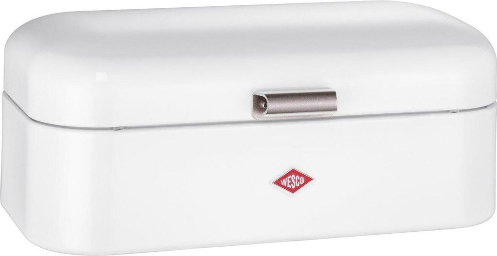 A white breadbox with a silver handle and a red logo on a white background.