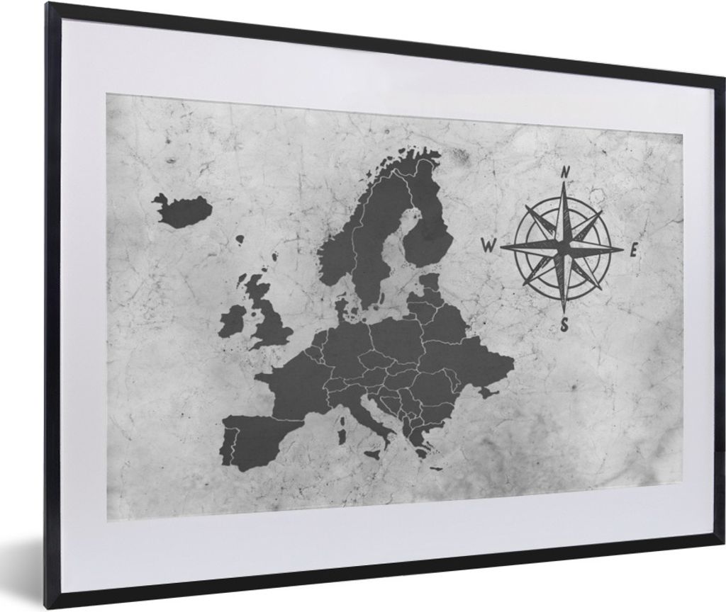 MuchoWow Gerahmtes Poster Vintage Eurocard mit großer Kompassrose - schwarz und weiß 60x40 cm - Poster mit Schwarzem Bilderrahmen Wandposter Ra...