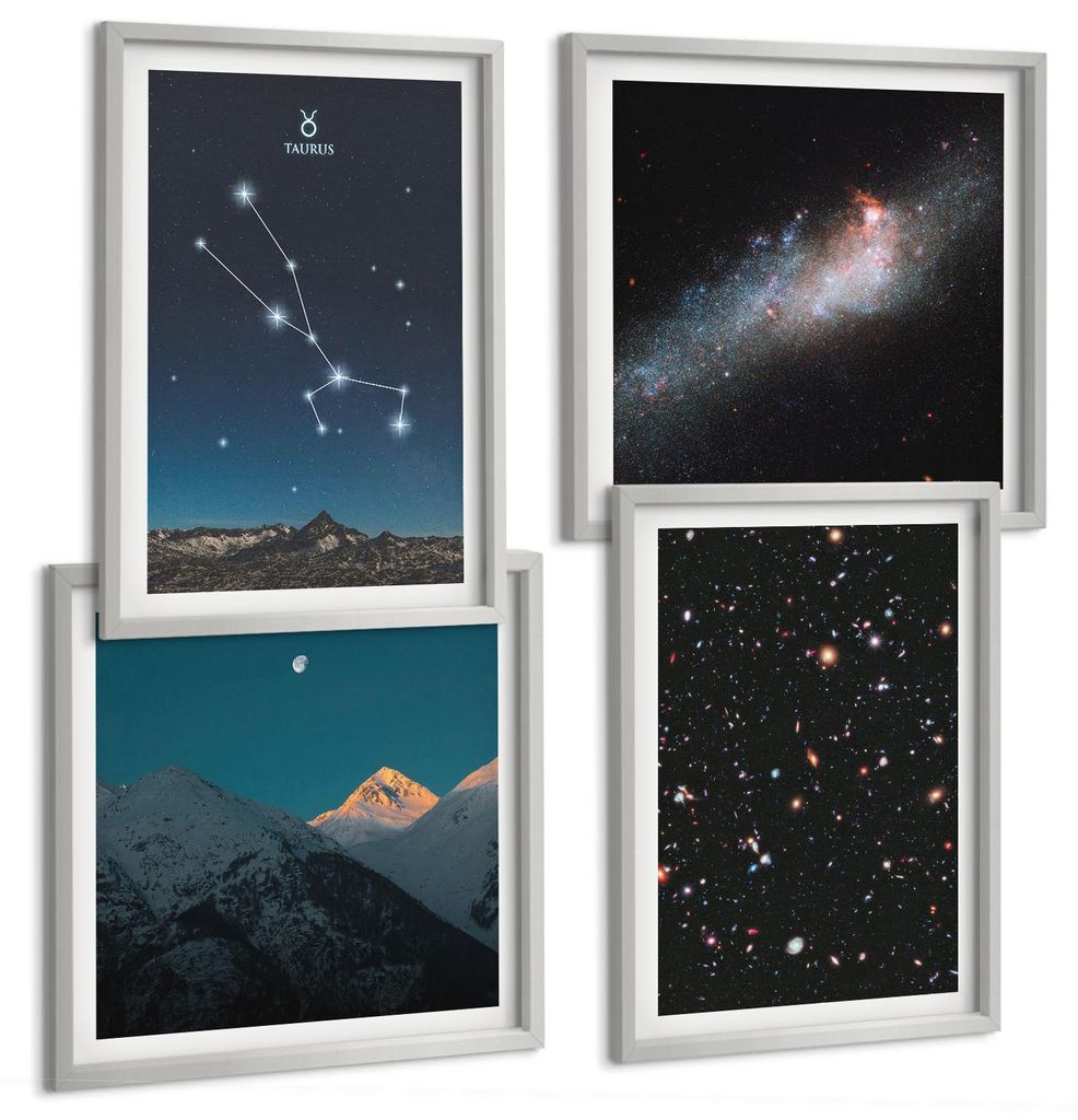 Bilder Set 4-teilig im silbergerahmten Rahmen – Wandbilder 4 Stück – gerahmte Poster für Wohnzimmer, Schlafzimmer und Flur – 50x50 cm - 40x...