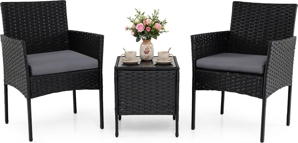 COSTWAY Polyrattan Gartenmöbel Set, 3-tlg. Balkonmöbel mit Gartentisch, 2 Stühlen inkl. Sitzkissen, Gartenlounge, Terrassenmöbel, Balkonset Grau