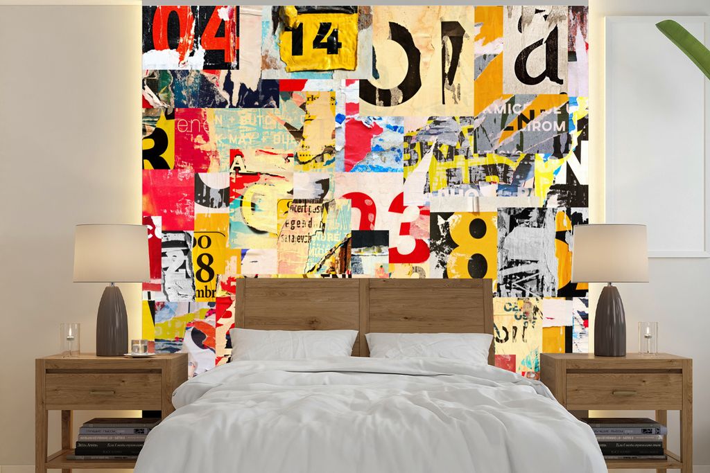 MuchoWow Fototapete für Wohnzimmer oder Schlafzimmer Wandtapete Vinyl Motivtapete Buchstaben - Zahlen -Vintage - Collage - 260x260 cm - Papierta...