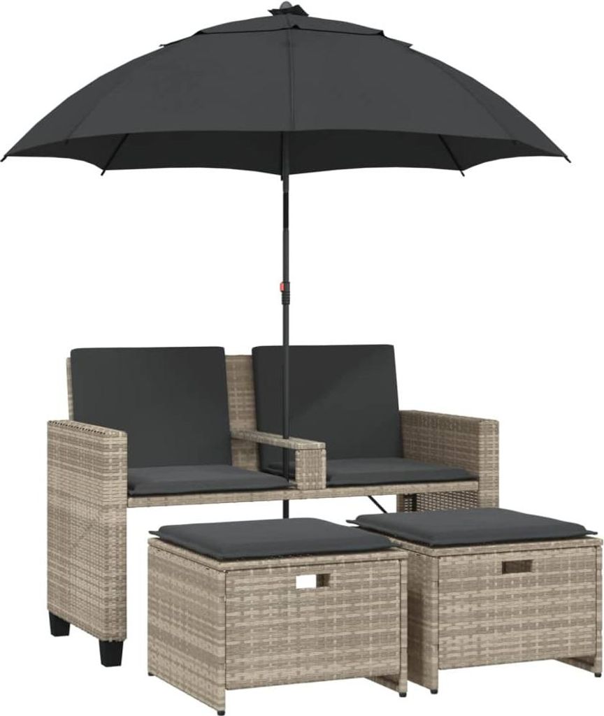 vidaXL Gartensofa 2-Sitzer Sonnenschirm und Hocker Hellgrau Polyrattan