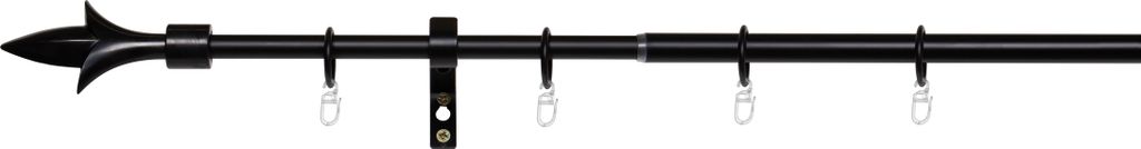 A black adjustable curtain rod with decorative finials and rings, shown against a white background.