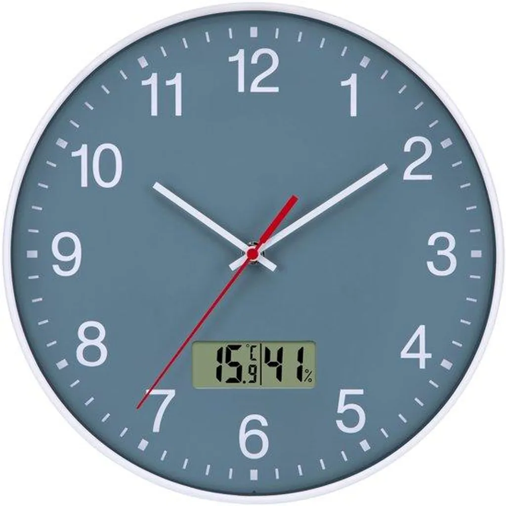 Horloge murale cuisine et bureau bleue silencieuse avec météo ambiante