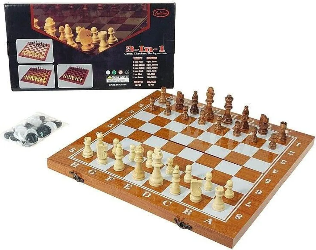 Jeu d'échecs en bois 3 en 1 pliable grand format avec intérieur backgammon