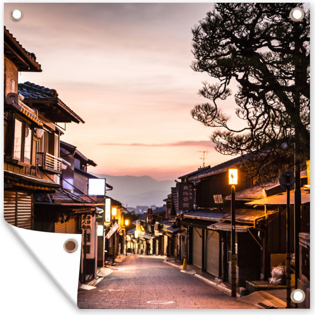 MuchoWow 100x100 cm Outdoor-Poster Gartendeko Sichtschutz Garten Poster für den Garten Sonnenuntergang über den japanischen Straßen von Gion i...